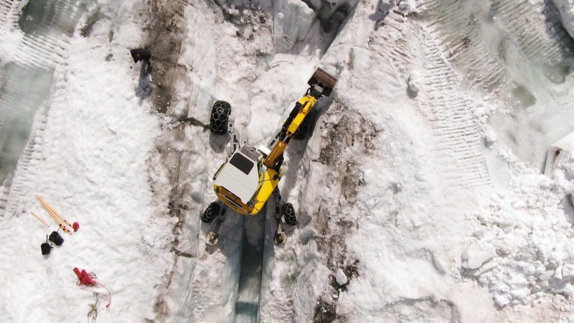 Aerial view of construction works on glacier