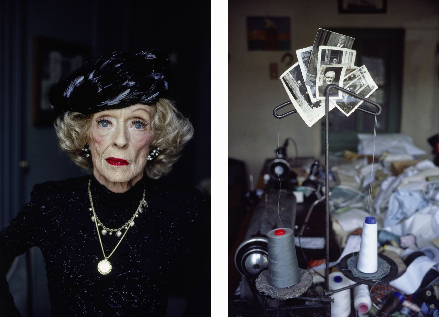 سيدة مسنة ترتدي قبعة وأدوات خياطة عليها صور فوتوغرافية