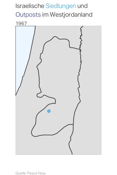Animierte Grafik, welche die Ausbreitung israelischer Siedlungen im Westjordanland zeigt.