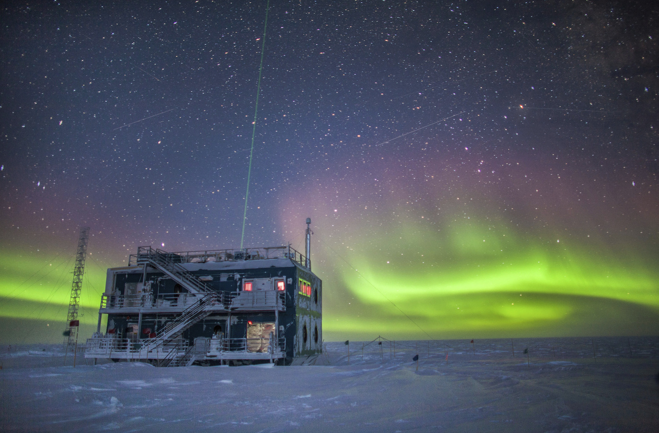 A photo of the aurora australis near the South Pole Atmospheric Research Observatory in Antarctica in 2018.