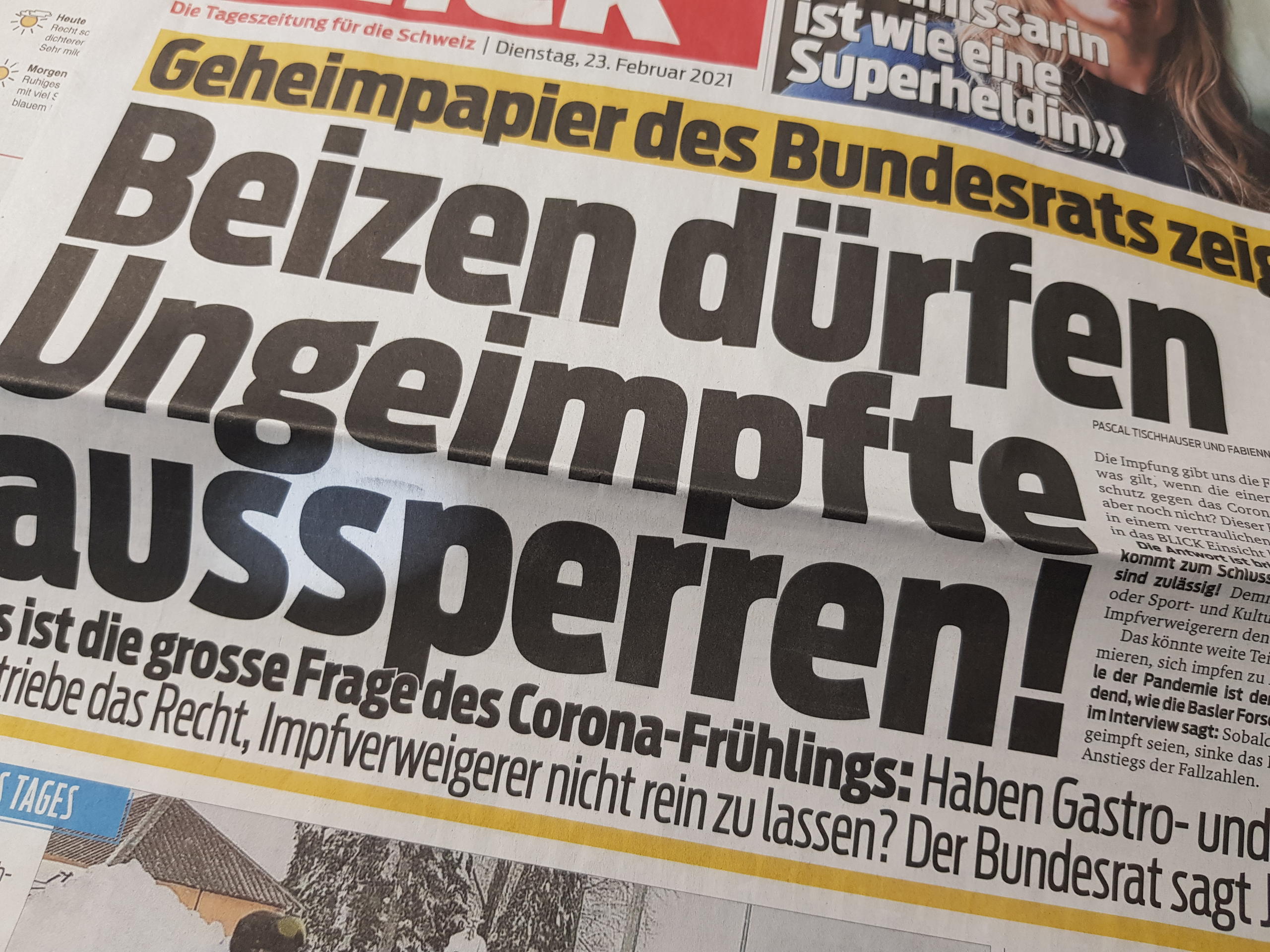 Frontseite Blick mit Schlagzeile Beizen dürfen Ungeimpfte aussperren