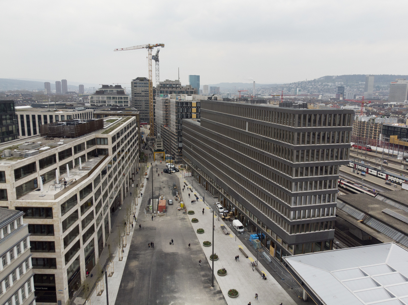 View of the Europaalle urban development in Zurich on April 12, 2019. 