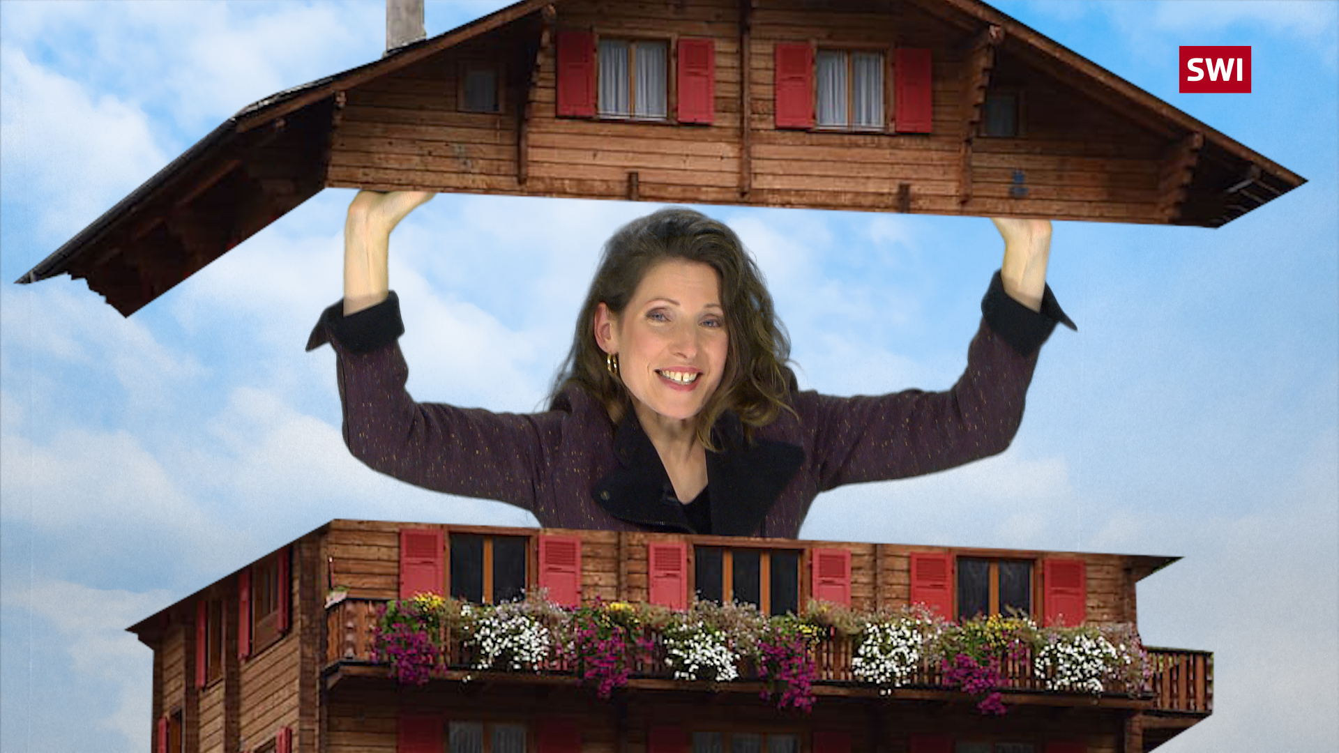 Woman holding up the roof of a chalet