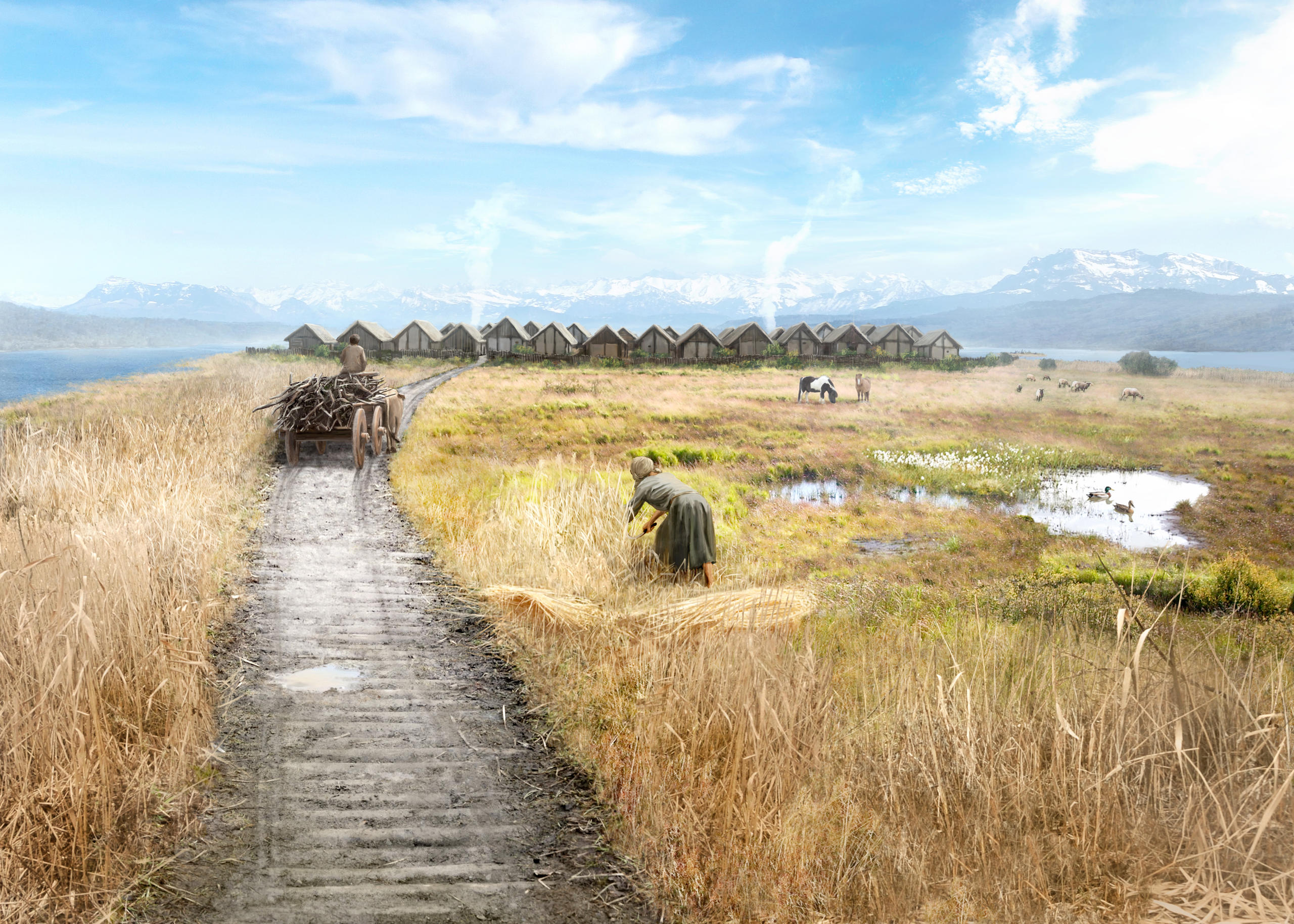 An artist s impression of life at a Lucerne area stilt village