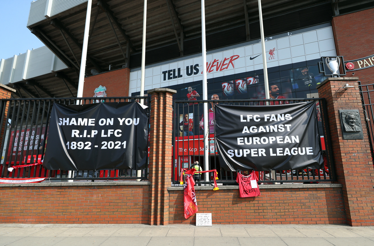 Banners outside of Anfield Stadium, Liverpool.