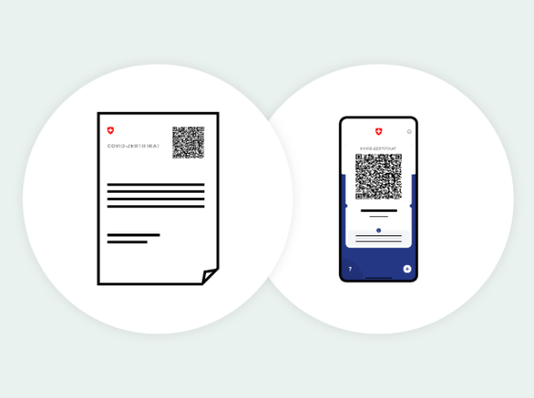 Illustrazione stilizzata di un certificato cartaceo e uno su smartphone (si vedono bene codici QR)