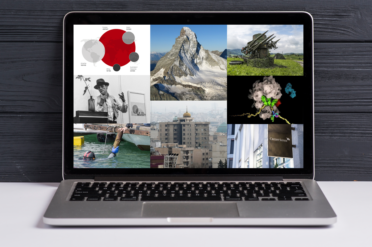 ein laptop-bildschirm zeigt acht teaserbilder von verschiedenen storys von swissinfo