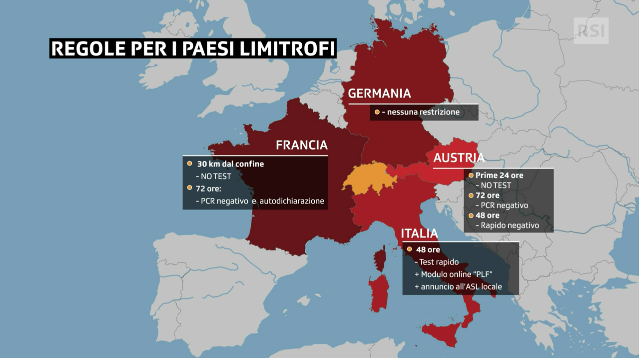 Principali restrizioni di viaggio verso i Paesi limitrofi alla Svizzera elencati su una cartina