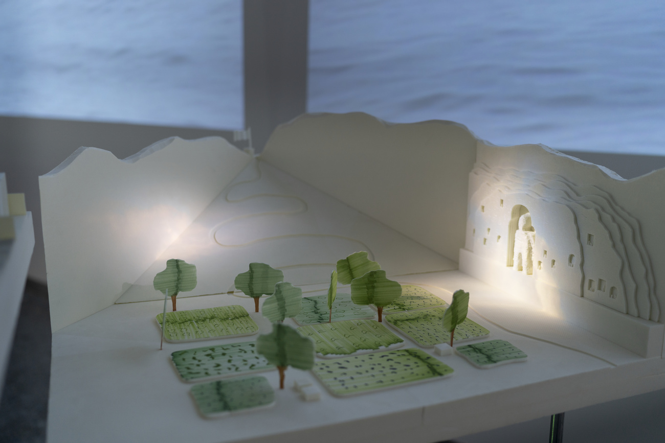 Primo piano di un plastico con alberi e prati stilizzati su panorama completamente bianco