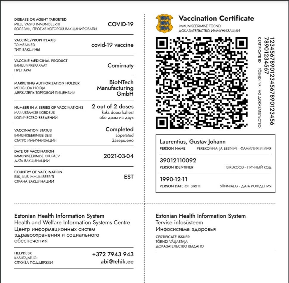 Ejemplo de un certificado COVID estonio