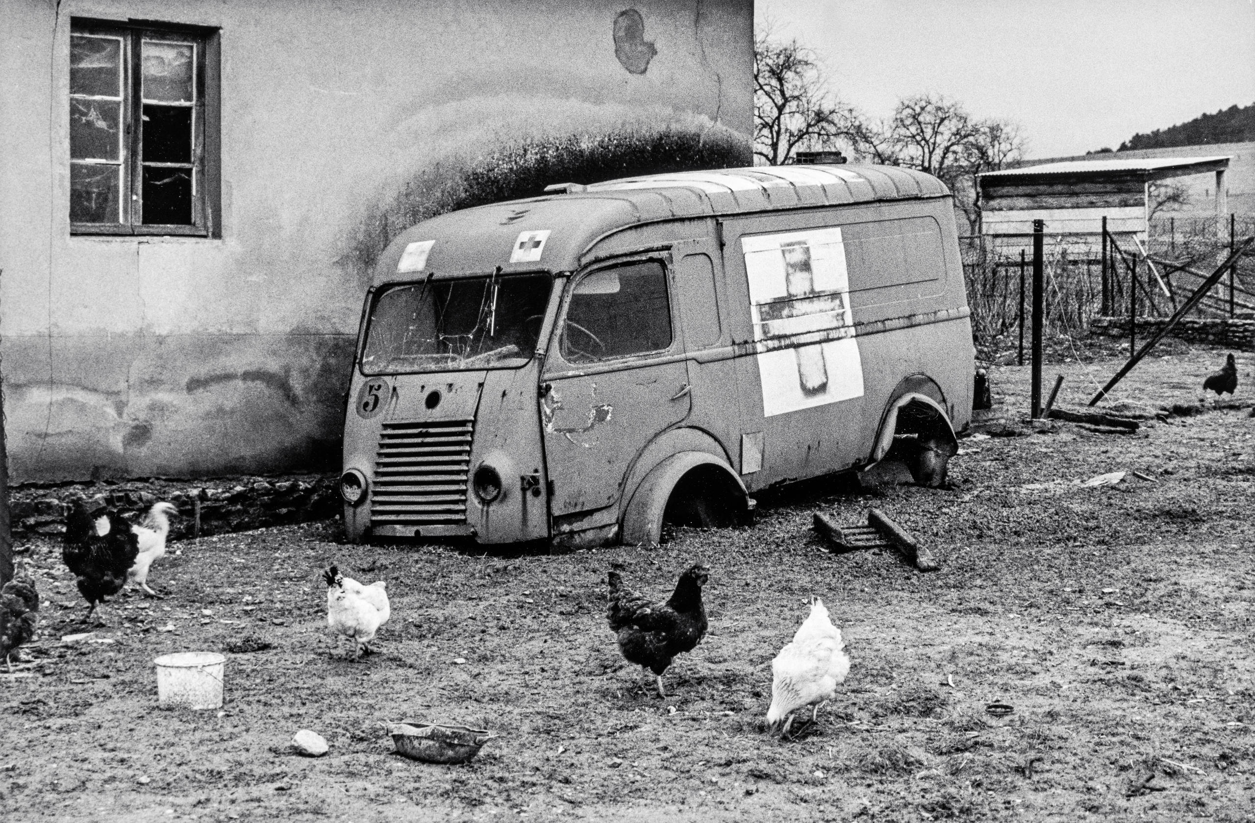 Desolate bus with Swiss cross