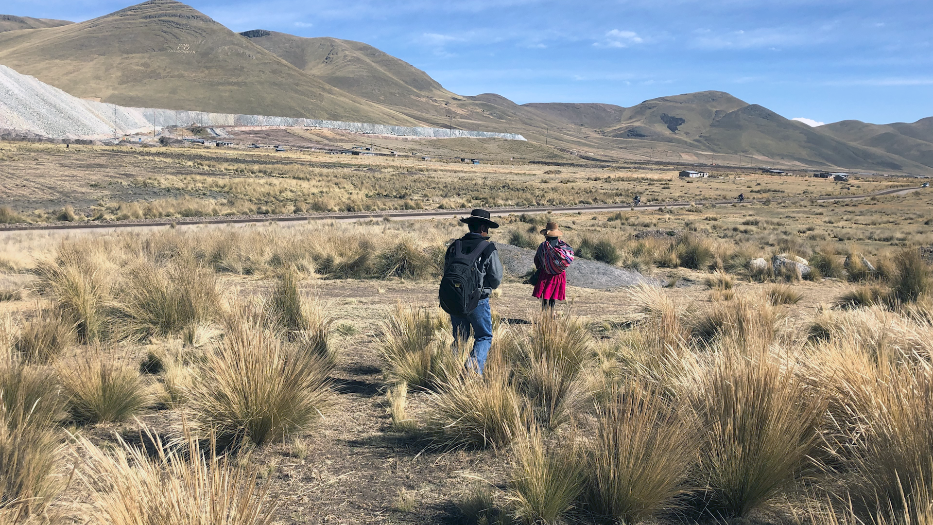 Mann und Frau gehen über eine Weide, südöstlicher peruanischer Bezirk Espinar