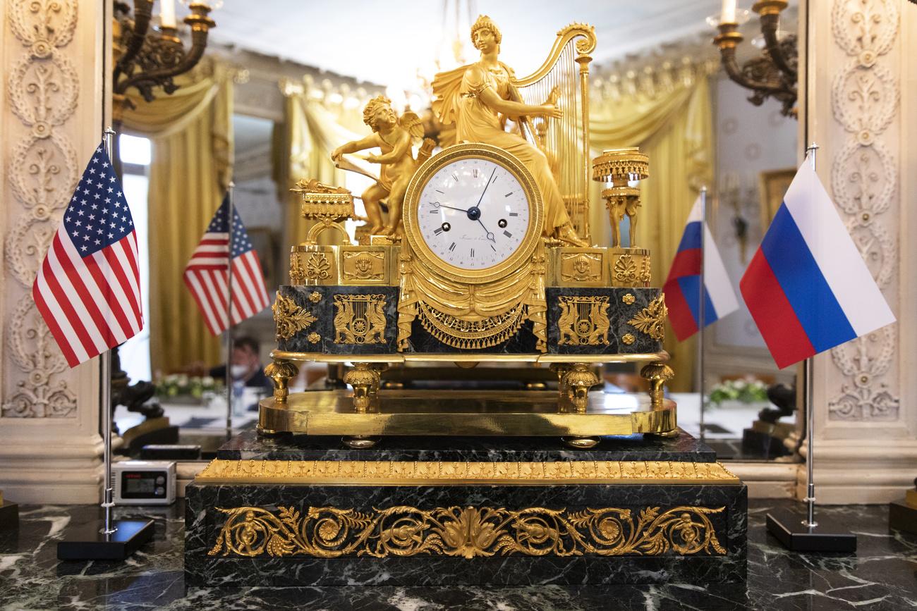 US and Russia flags with Swiss clock