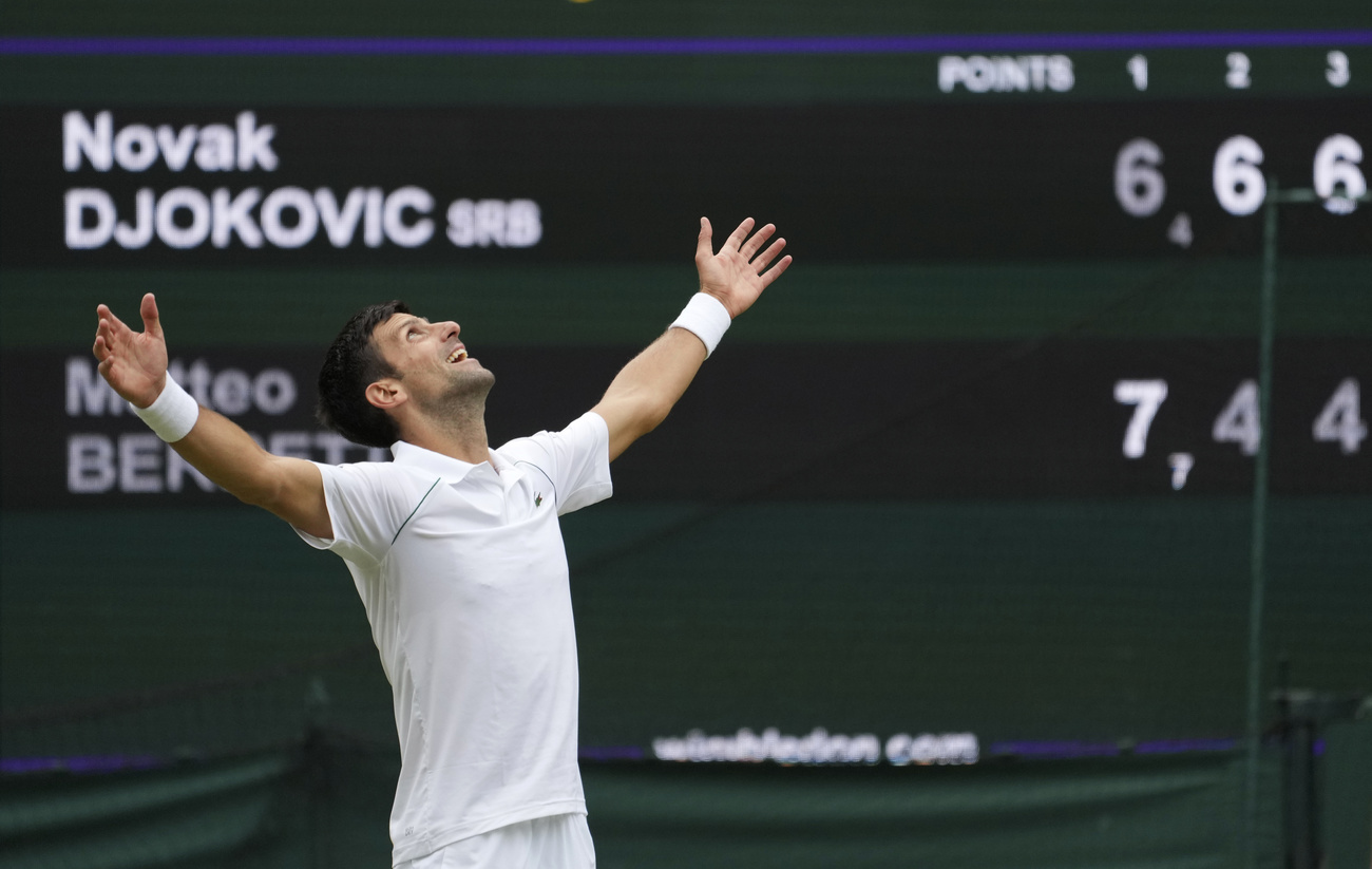 Joueur de tennis levant les bras au ciel.