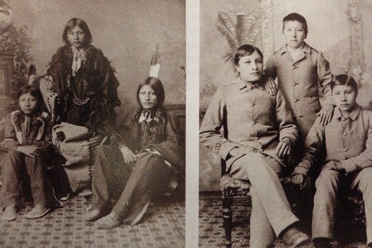 صورتان لثلاثة مراهقين من الهنود الحمر يرتدون الأزياء التقليدية والملابس الغربية.