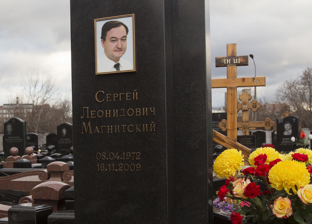 tombstone on the grave of lawyer Sergei Magnitsky,
