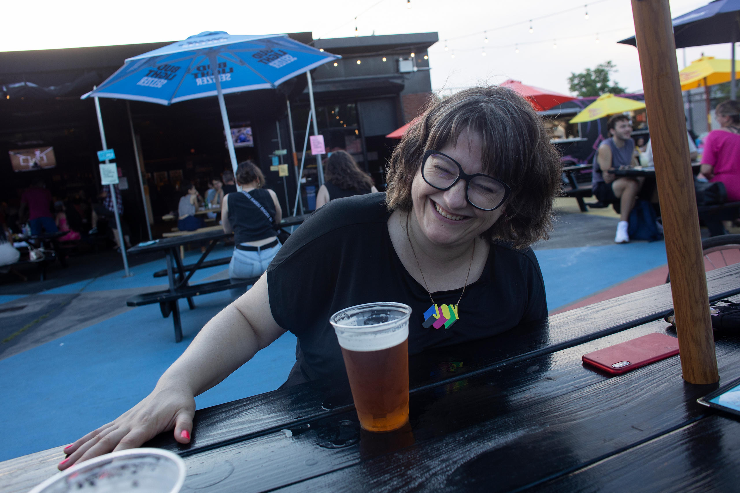 Nina having a beer