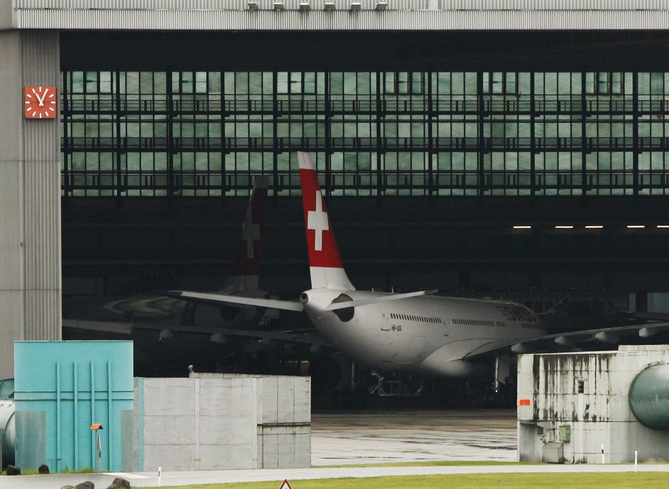 SWISS aircraft in a hanger