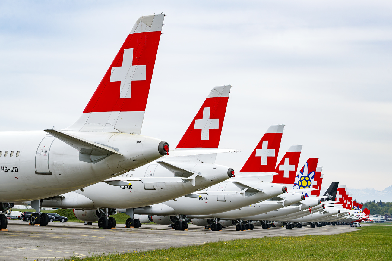 SWISS and Edelweiss planes grounded due to the Covid-19 pandemic at Dübendorf airfield.