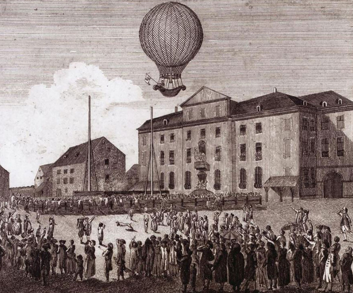 Ilustración de vuelo en globo en el siglo XVIII.