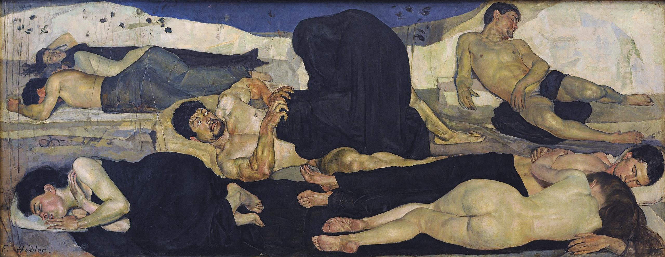 Detalle de La Noche, de Hodler: Varias personas duermen menos una, con ojos de miedo ante una figura cubierta totalmente