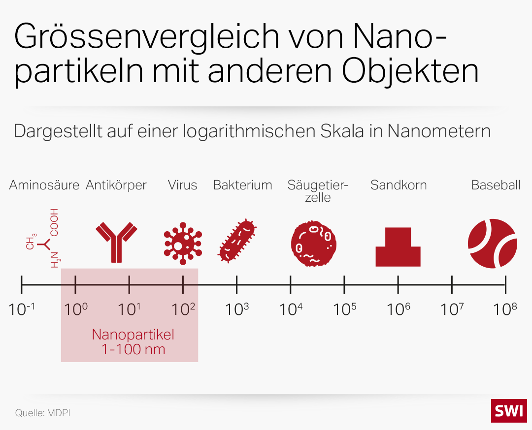 Grafik: Grössenvergleich von Nanopartikeln mit anderen Objekten