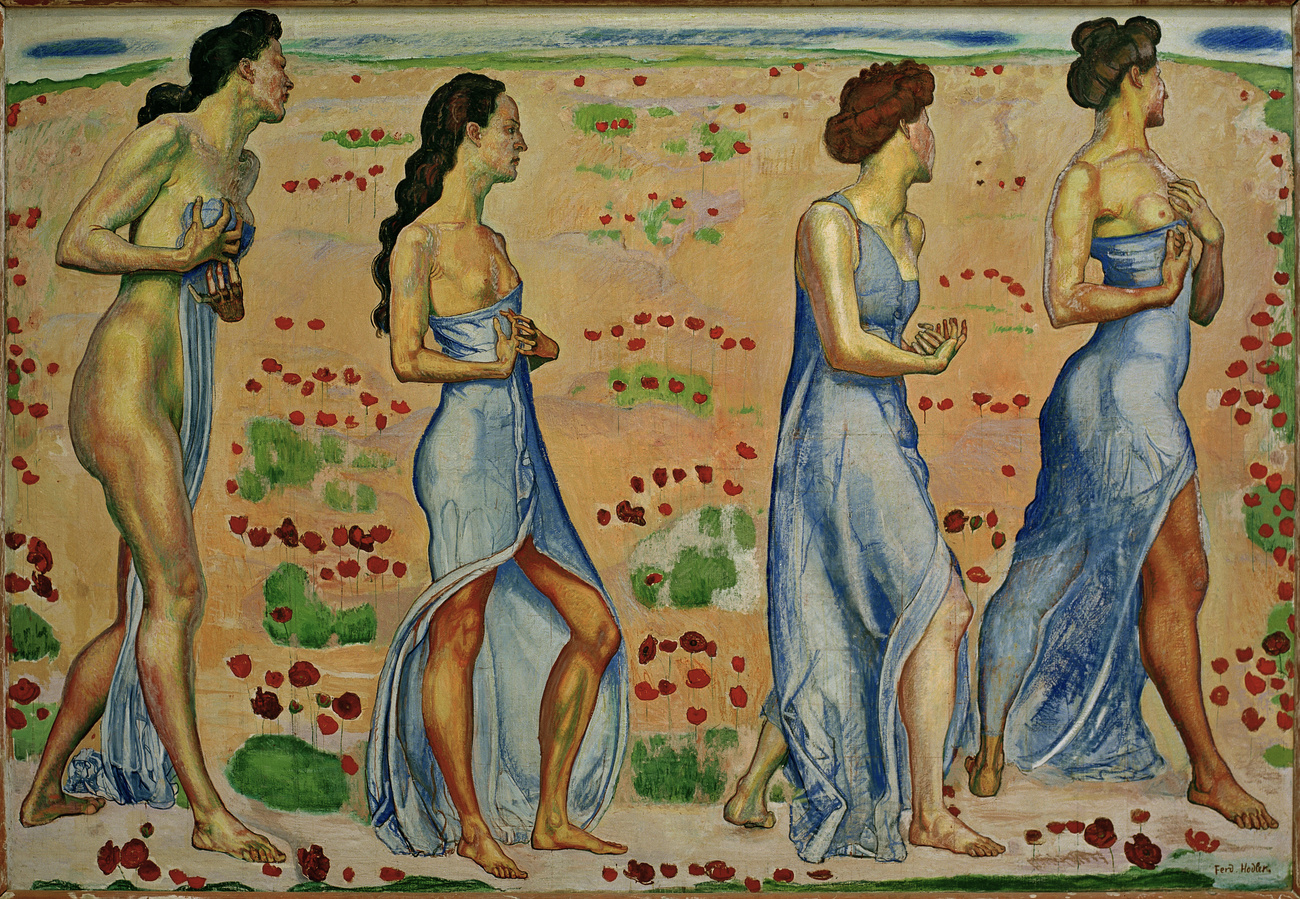 Pintura Emoción, de Hodler: muestra a cinco mujeres avanzando en fila