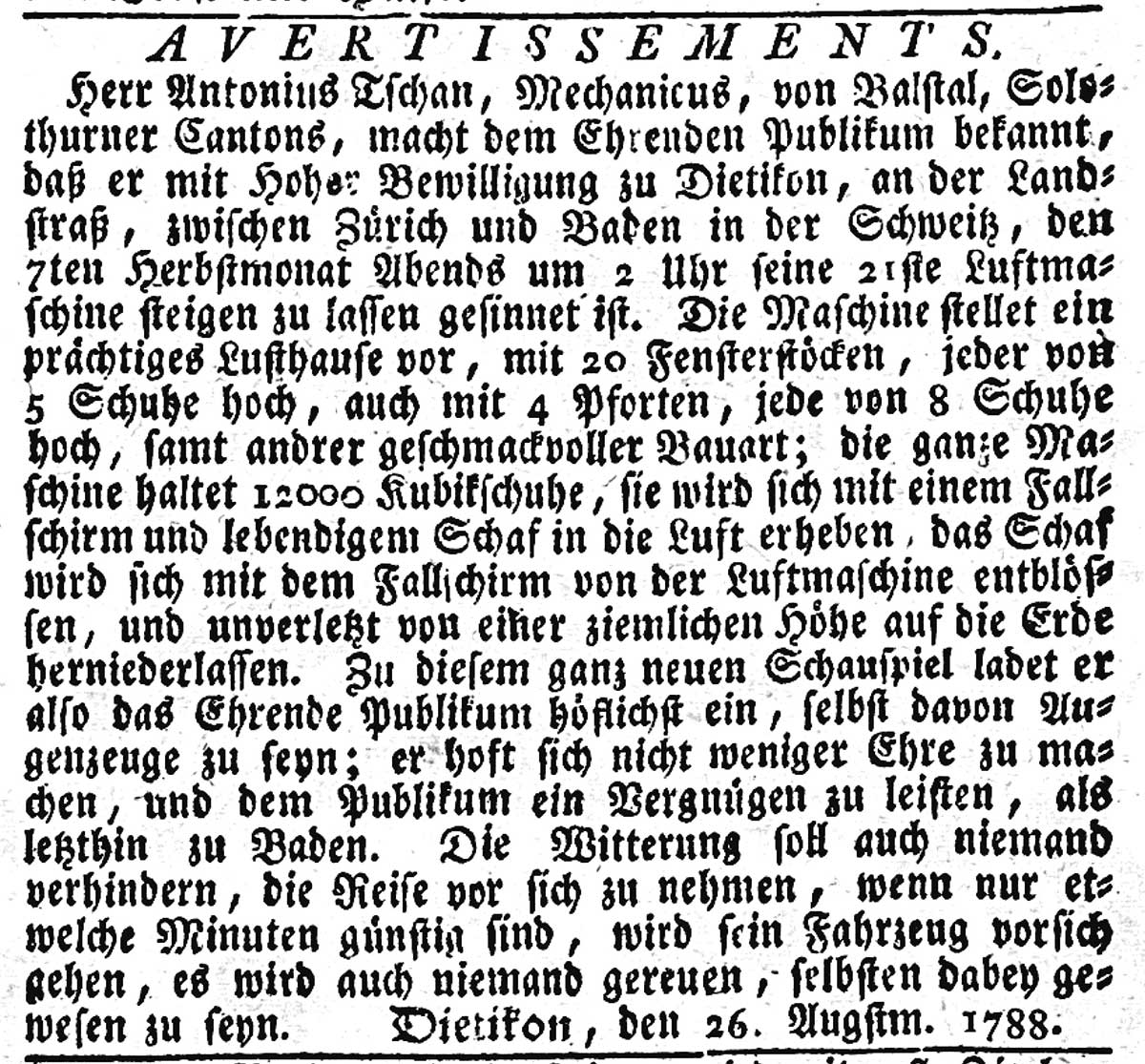 Anzeige der Tschann-Brüder in der NZZ, 1788.