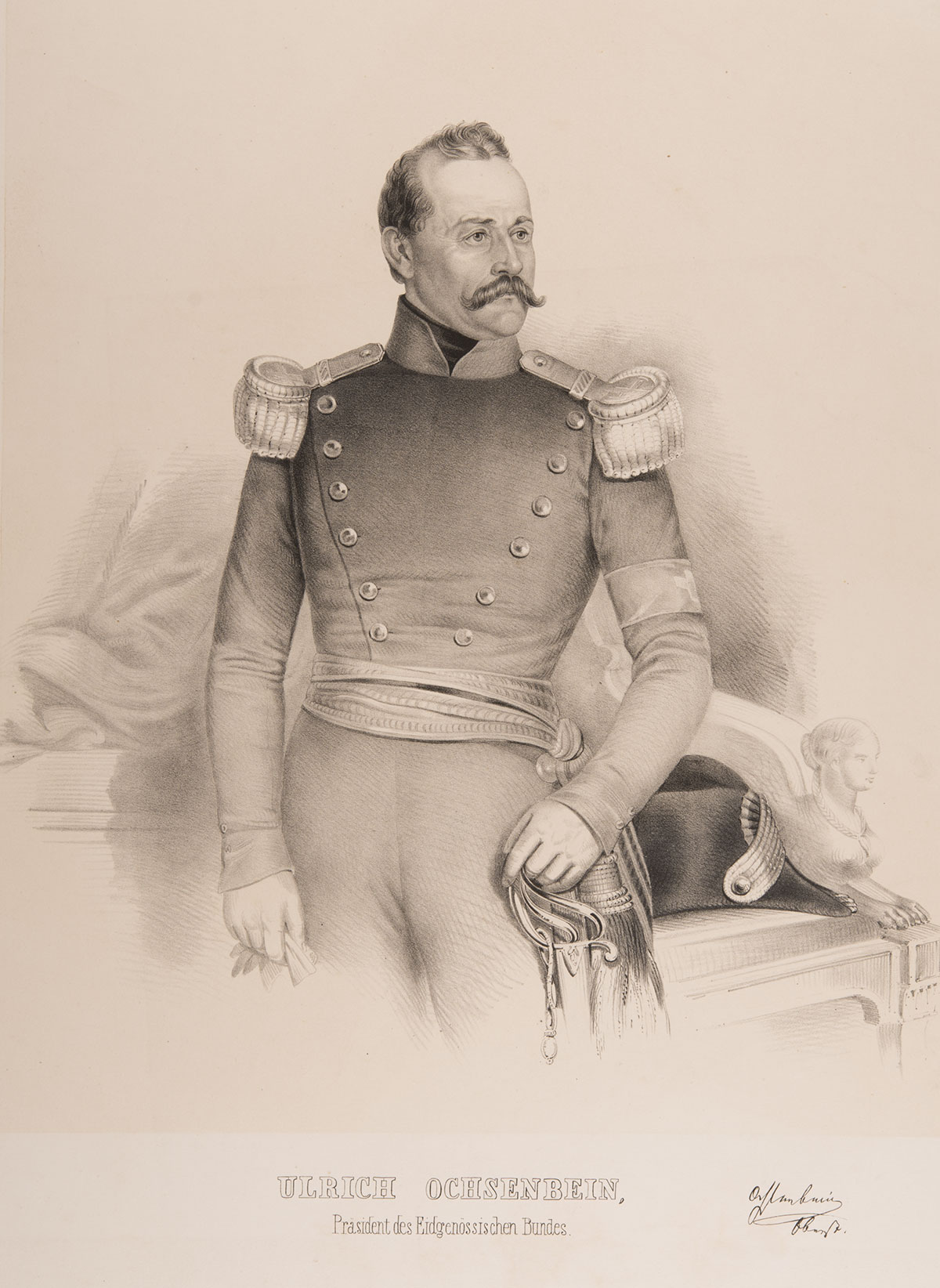 Retrato del consejero federal suizo Ulrich Ochsenbein en uniforme militar