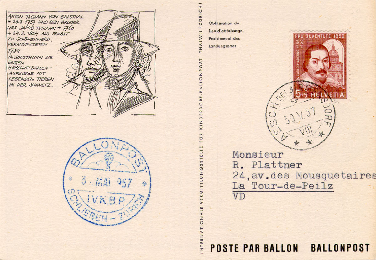 Tarjeta postal con los hermanos Tschann, 1957.