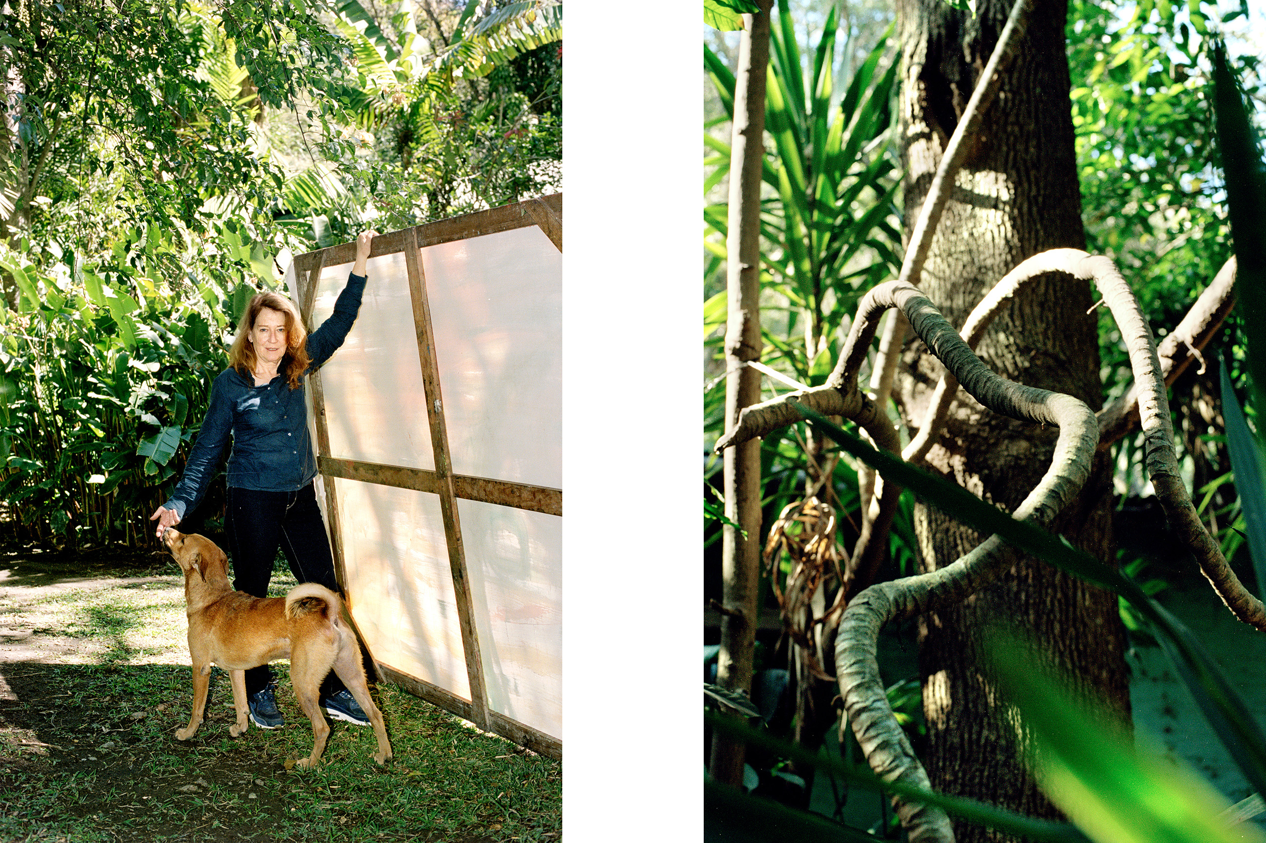 donna con un cane davanti a una grande tela