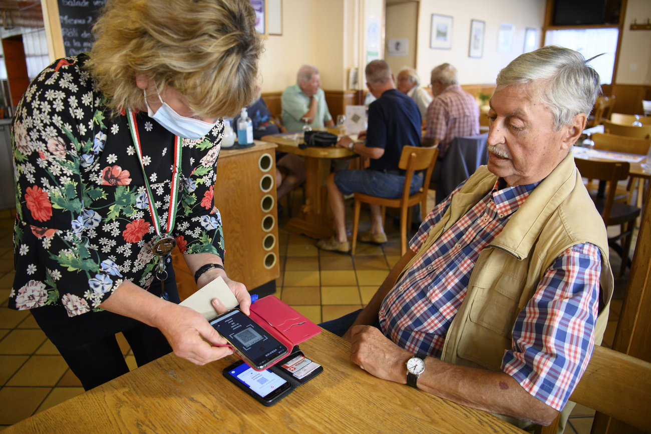 Waitress checking Covid certificate of restaurant guest