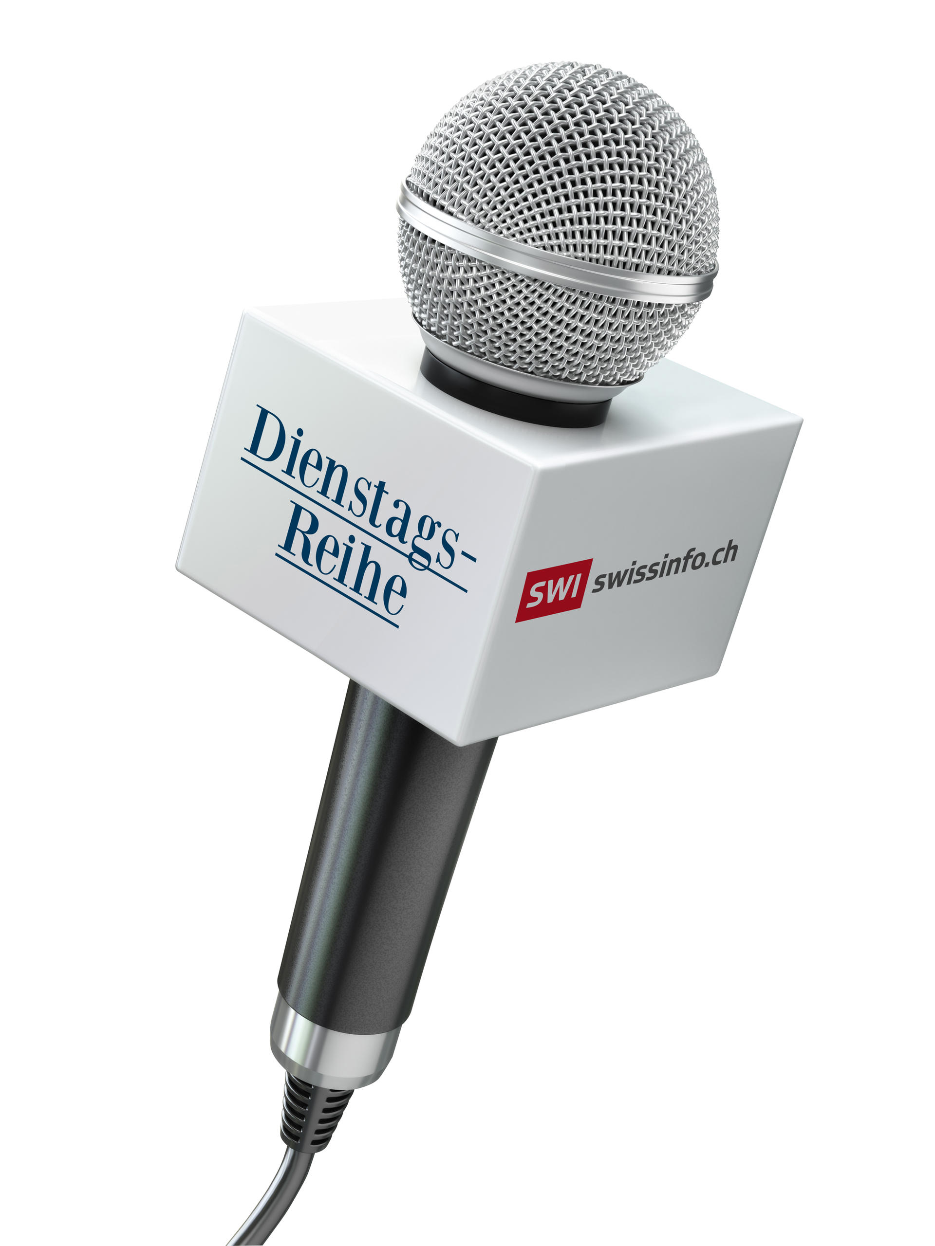 Mikrofon mit Dienstagsreihe als Aufschrift und SIW swissinfo.ch Logo