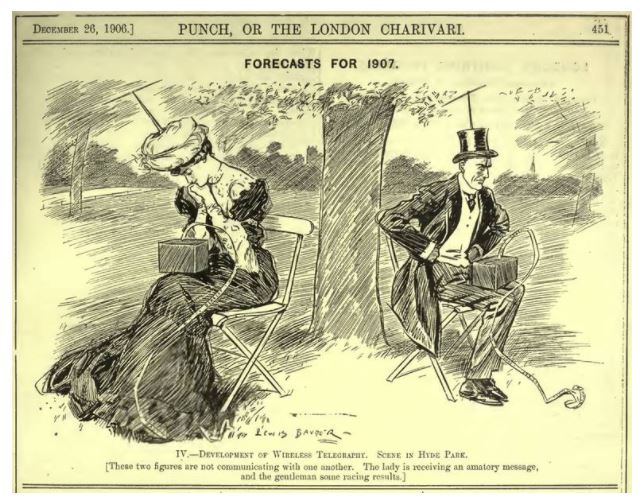 Disegno satirico 1906 - uomo e donna seduti si danno le spalle