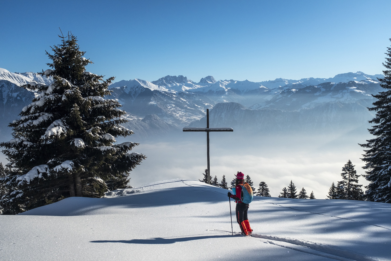 snow scene with cross