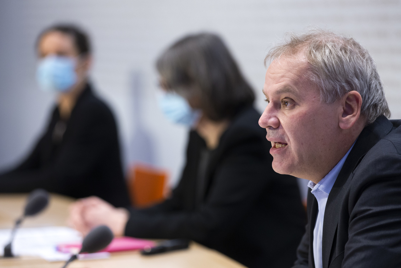 Patrick Mathys, Head of the Crisis Management, Federal Office of Public Health speaks to the media