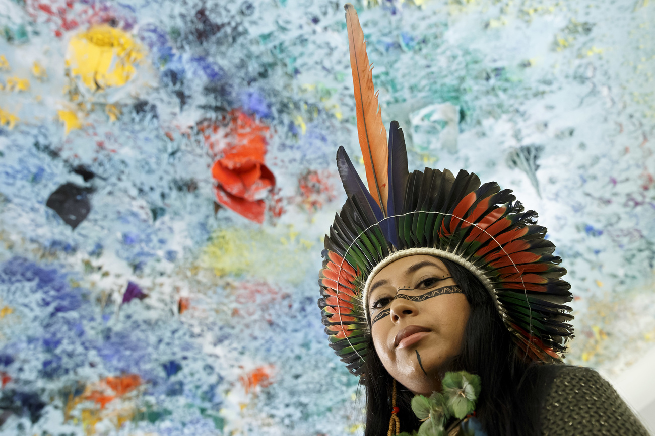 Photo of indigenous rights defender Hamangai Pataxo at the UN in Geneva.