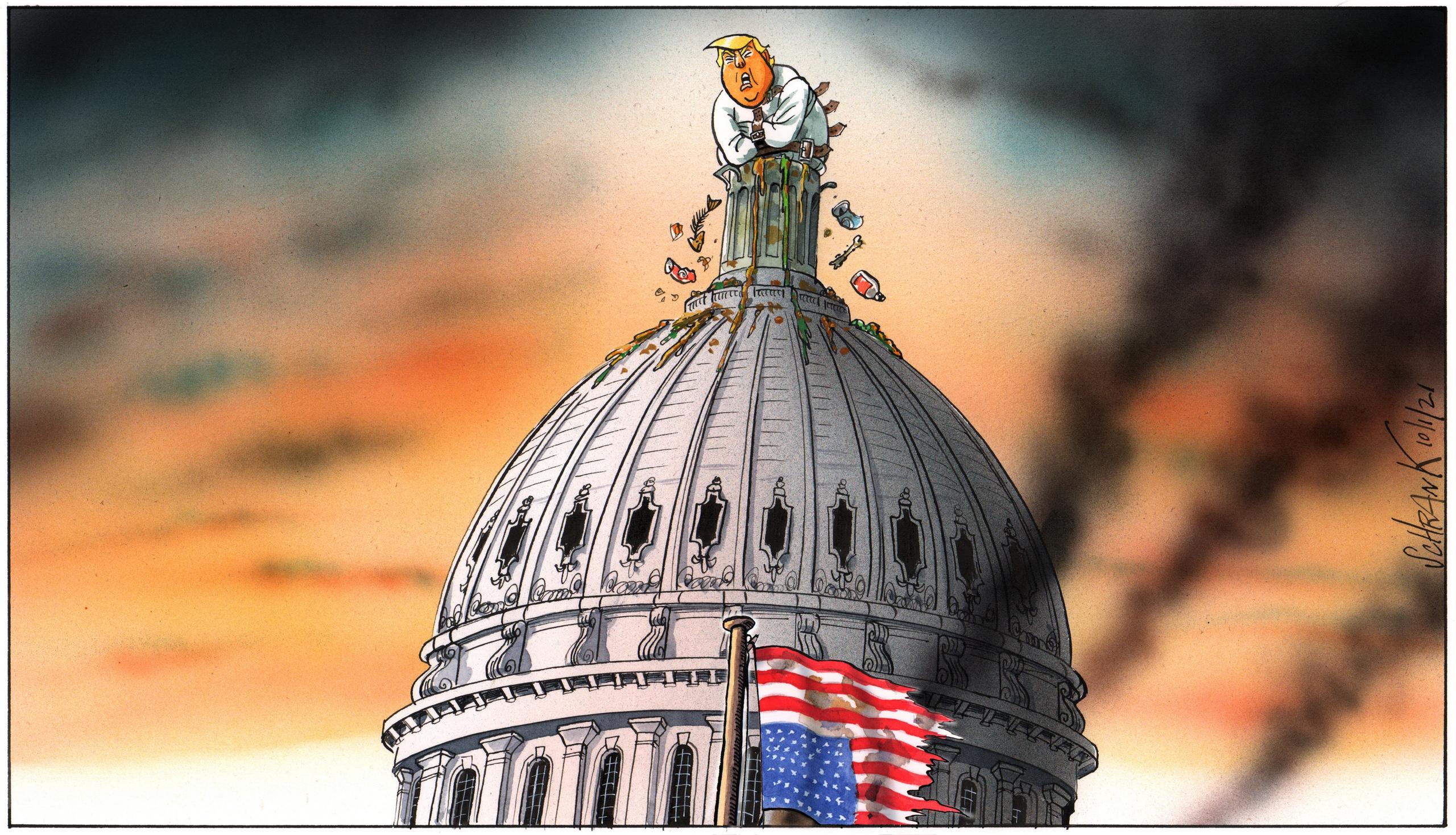 رسم ساخر للرئيس الأمريكي ترامب فوق مبنى الكابيتول