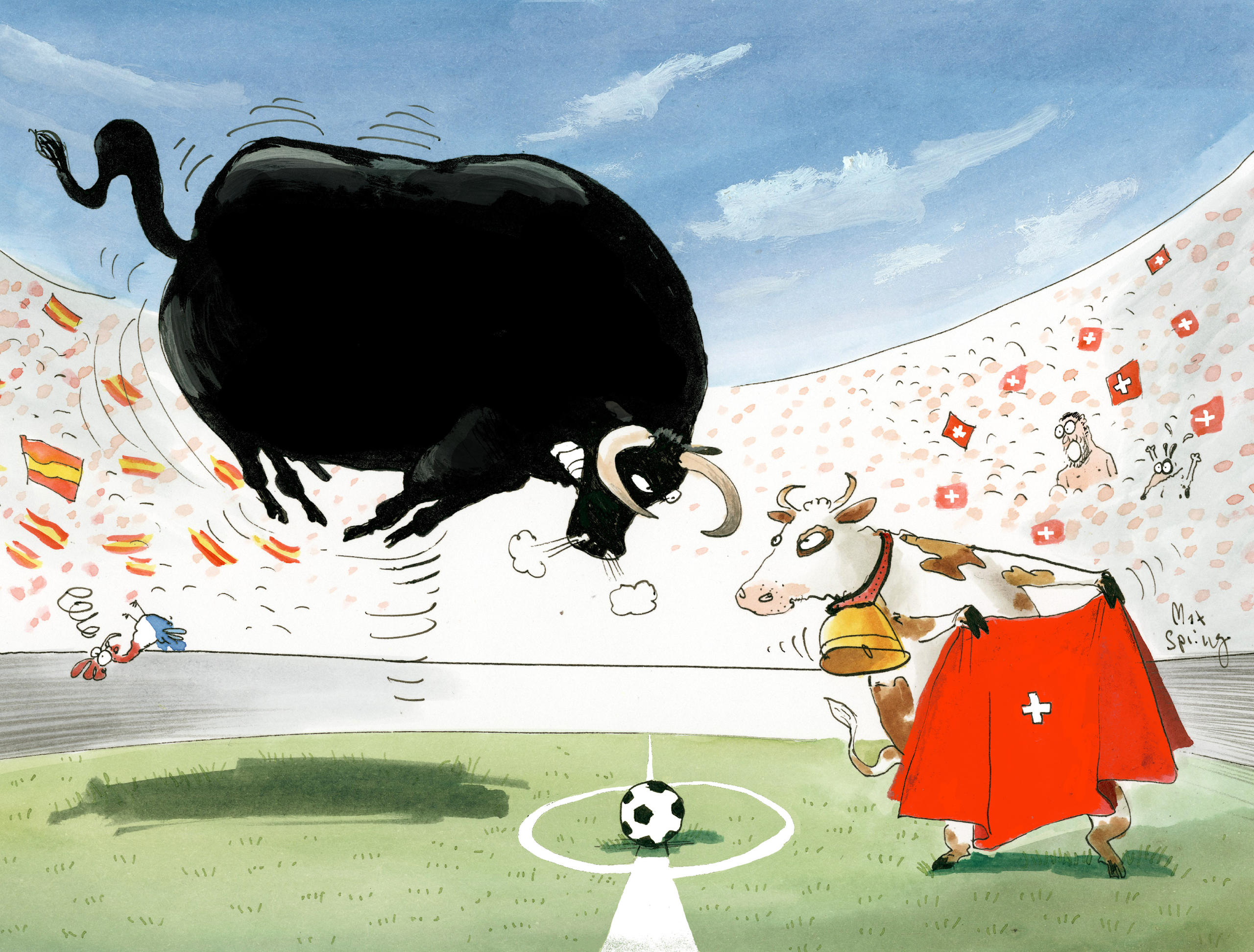 رسم ساخر: في ملعب كرة قدم، ثور إسباني ضد بقرة سويسرية