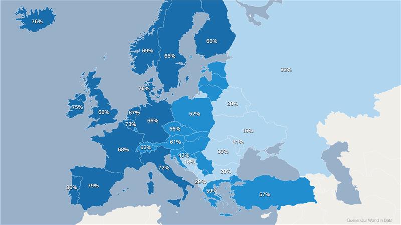 mappa dell europa che indica il tasso di vaccinazione nei paesi