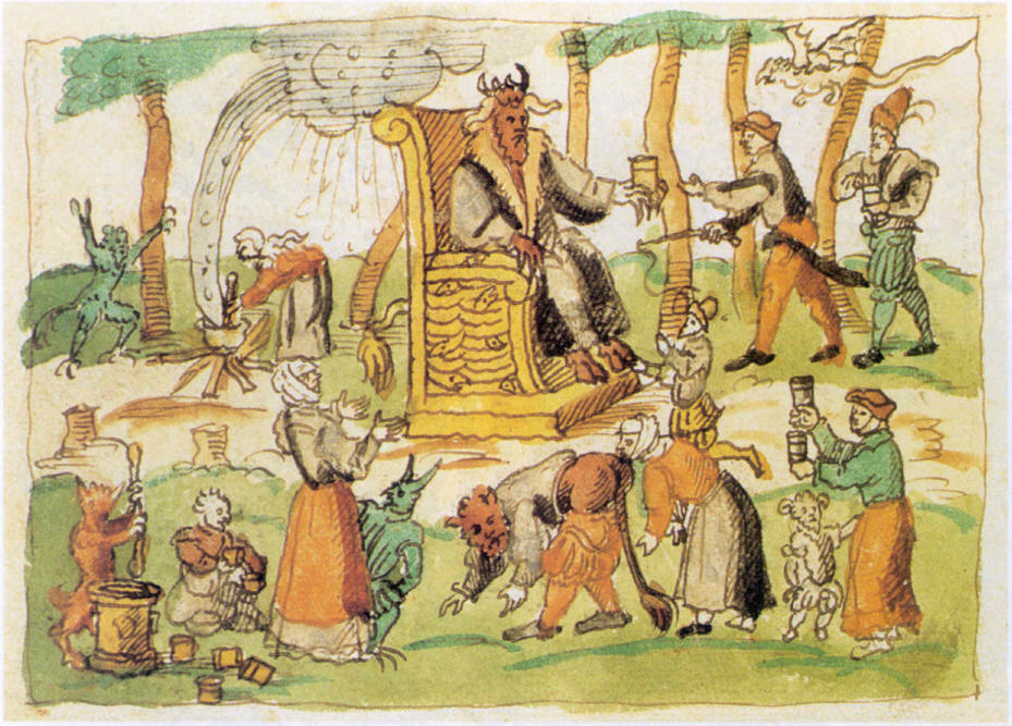 Vieux dessin montrant des sorcières pratiquant un culte satanique