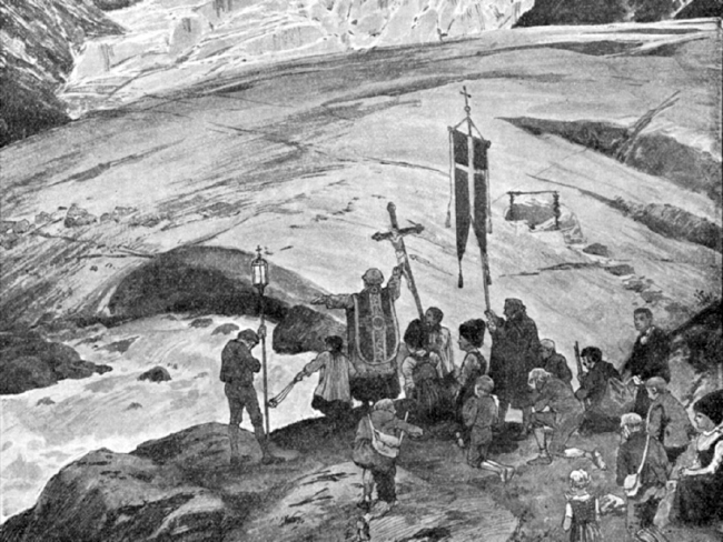 رسم يدوي بالأبيض والأسود لموكب كاثوليكي في جبال الألب