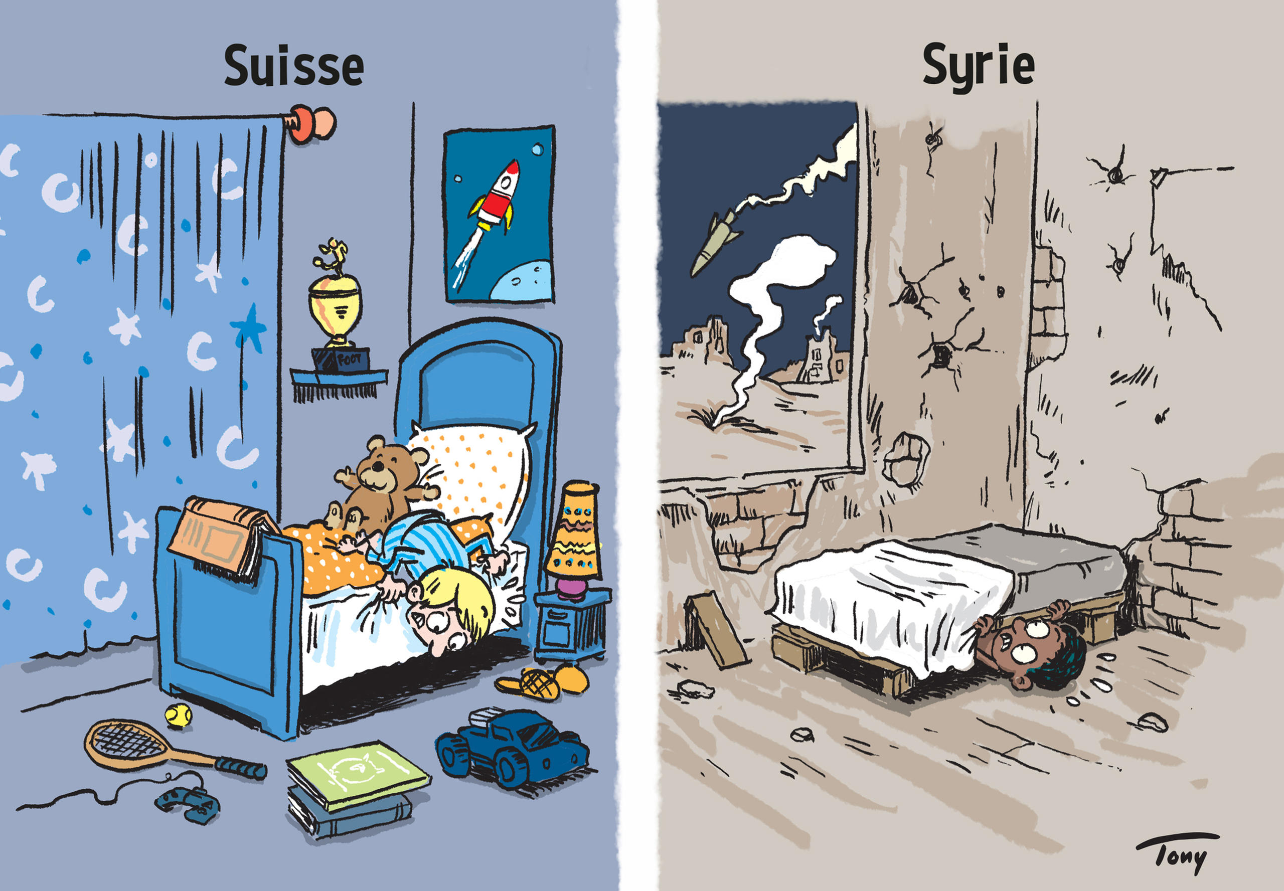 رسم ساخر يضع جنبا لجنب غرفة طفل سوري وأخرى لطفل سويسري