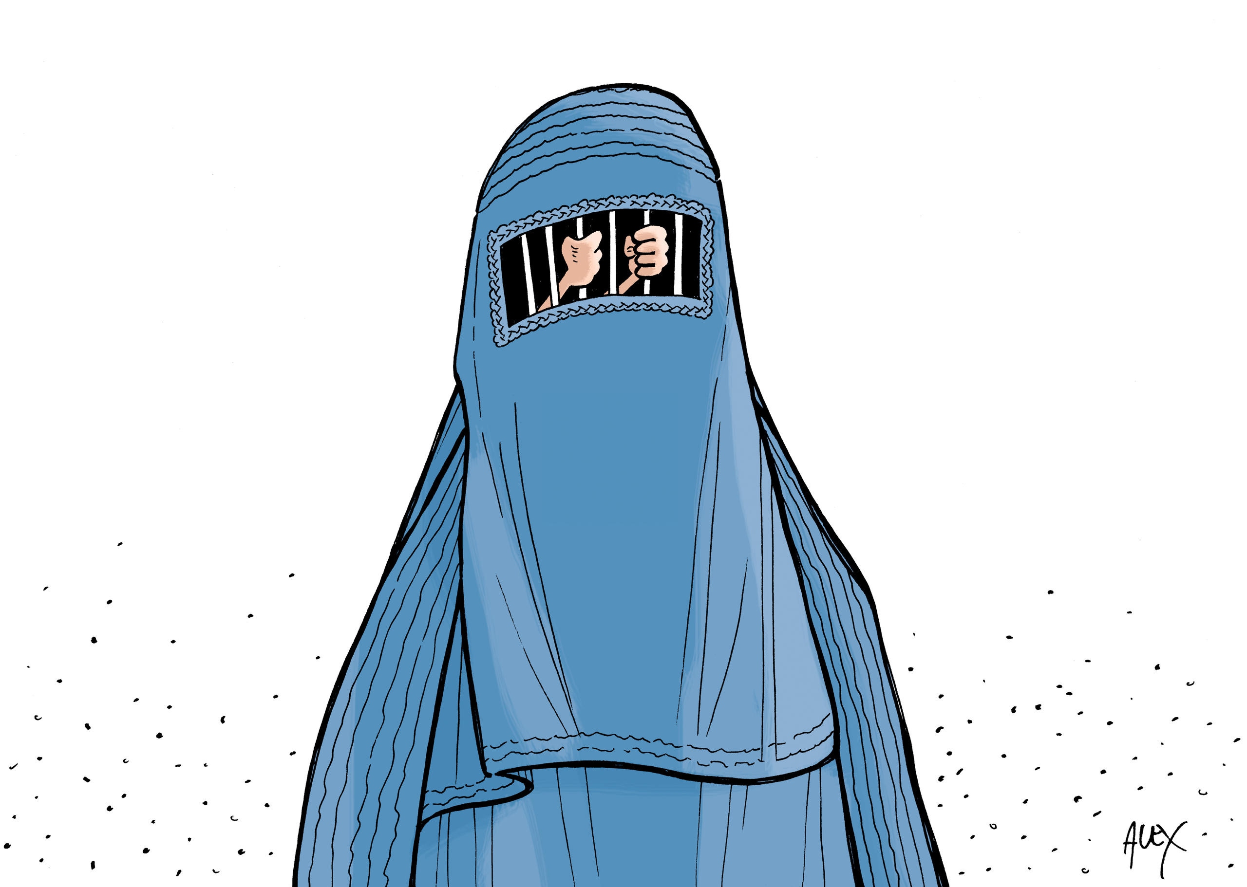 Burka con barrotes en la parte de los ojos, simbolizando una cárcel