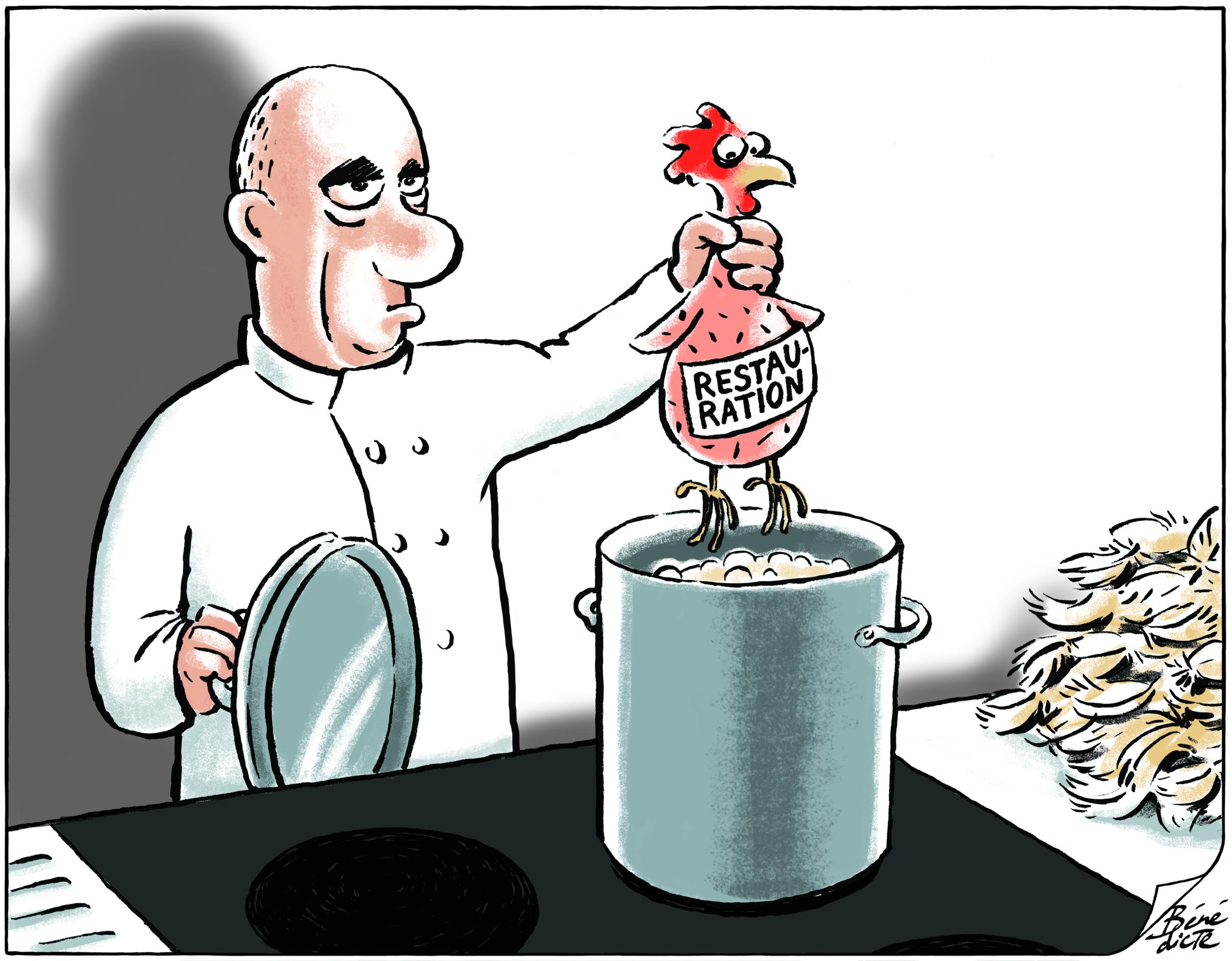 رسم ساخر لوزير الصحة بيرسيه وهو يغمس دجاجة في قدر الحساء