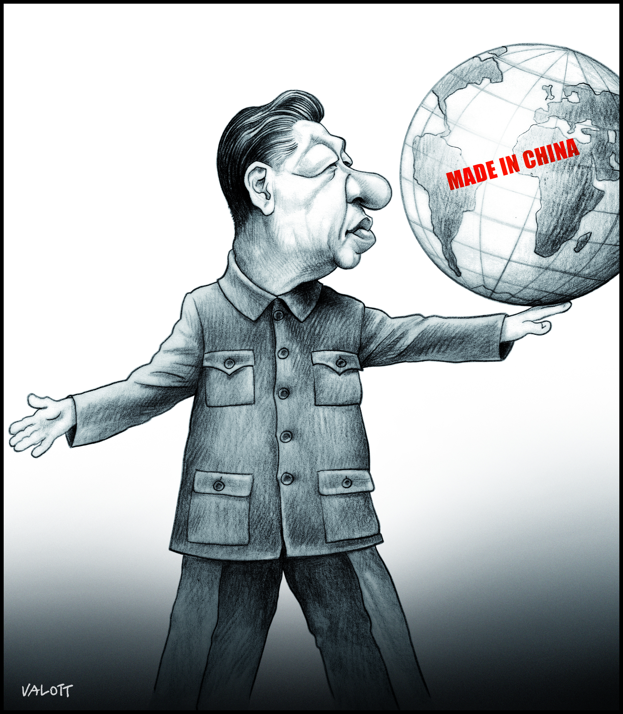 رسم ساخر للرئيس الصيني شي جين بينغ وهو يُلاعب الكرة الأرضية بأطراف أصابعه