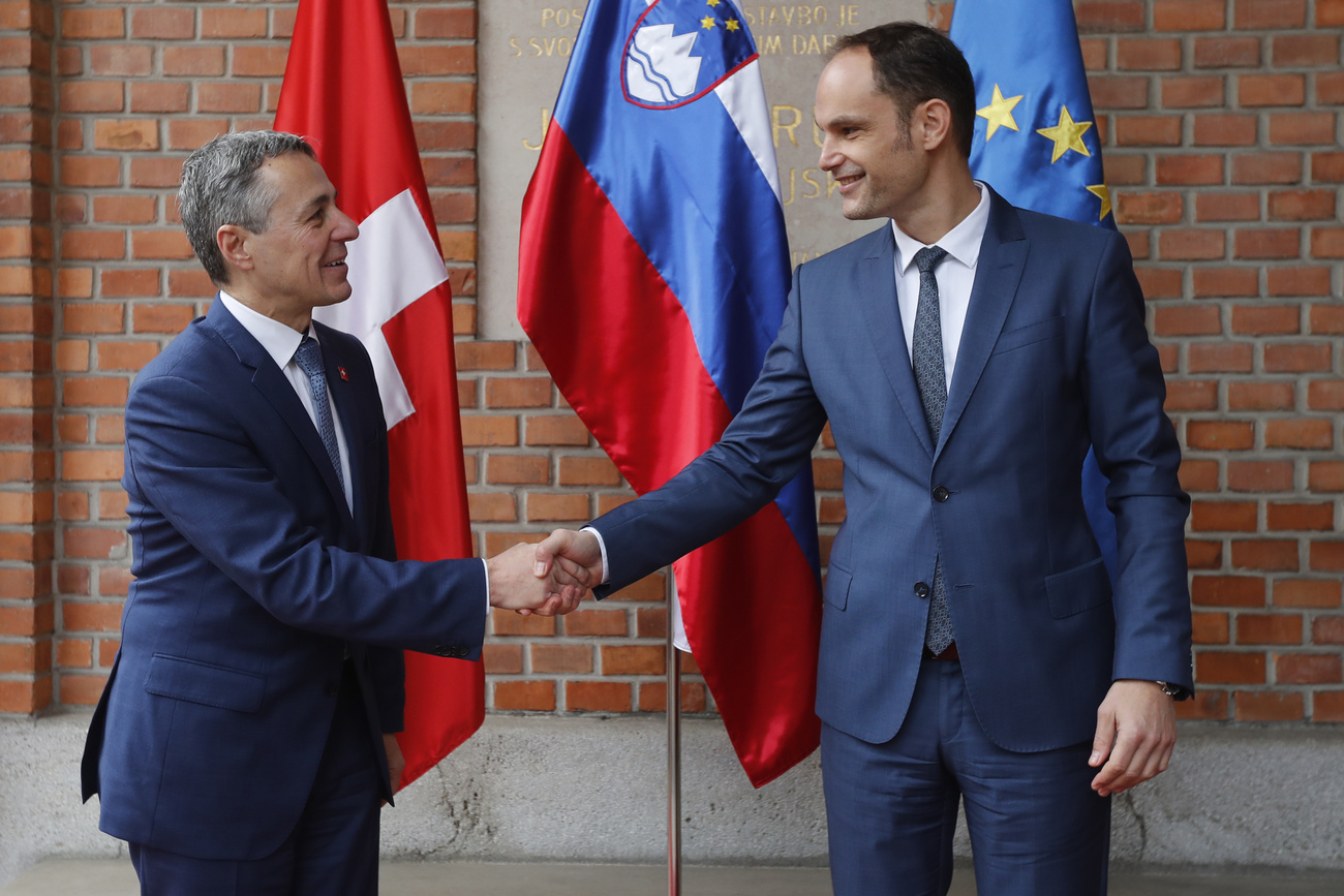 Cassis and his counterpart from Slovenia posing in front of three flags and shaking hands
