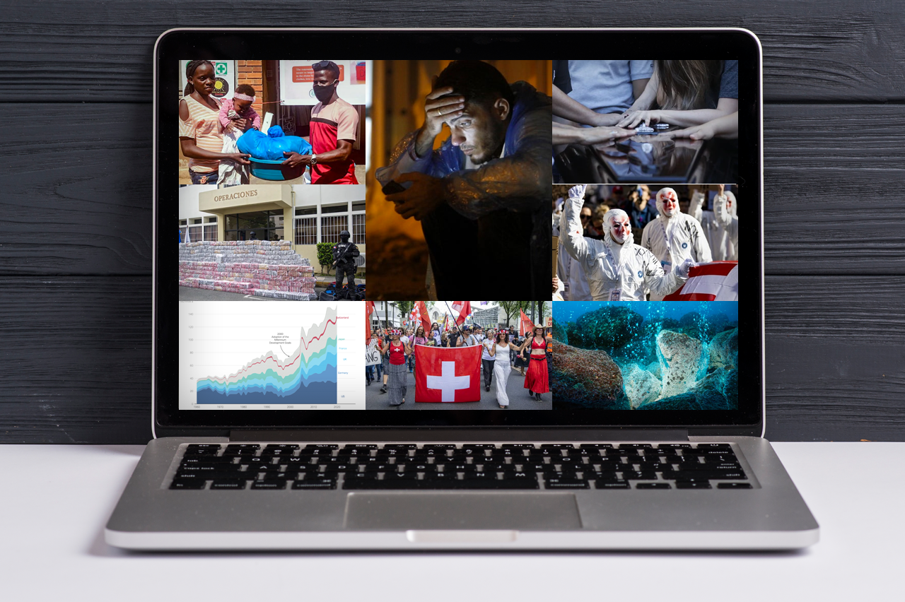 Aufgeklappter Laptop mit acht unterschiedlichen Teaserbildern aus unseren Storys