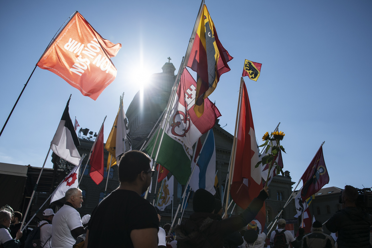 Swiss anti-Covid protesters in front of Federal Parliament in Bern.