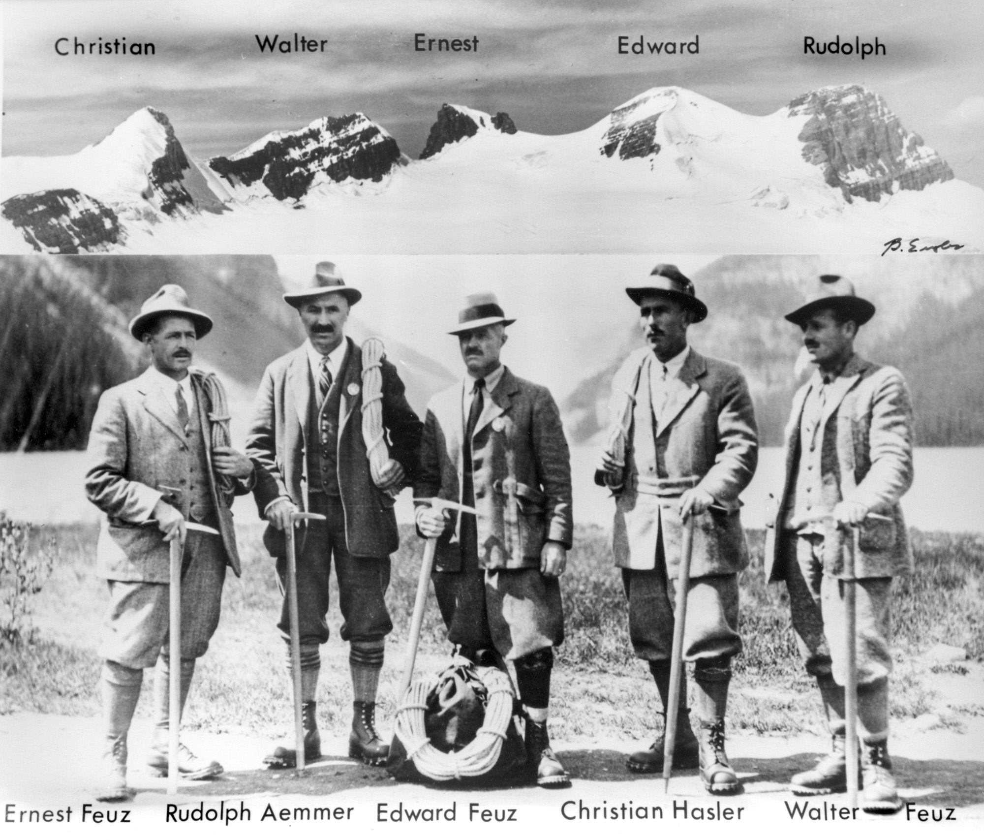 historische Aufnahme der Bergführer mit den Peaks im Hintergrund